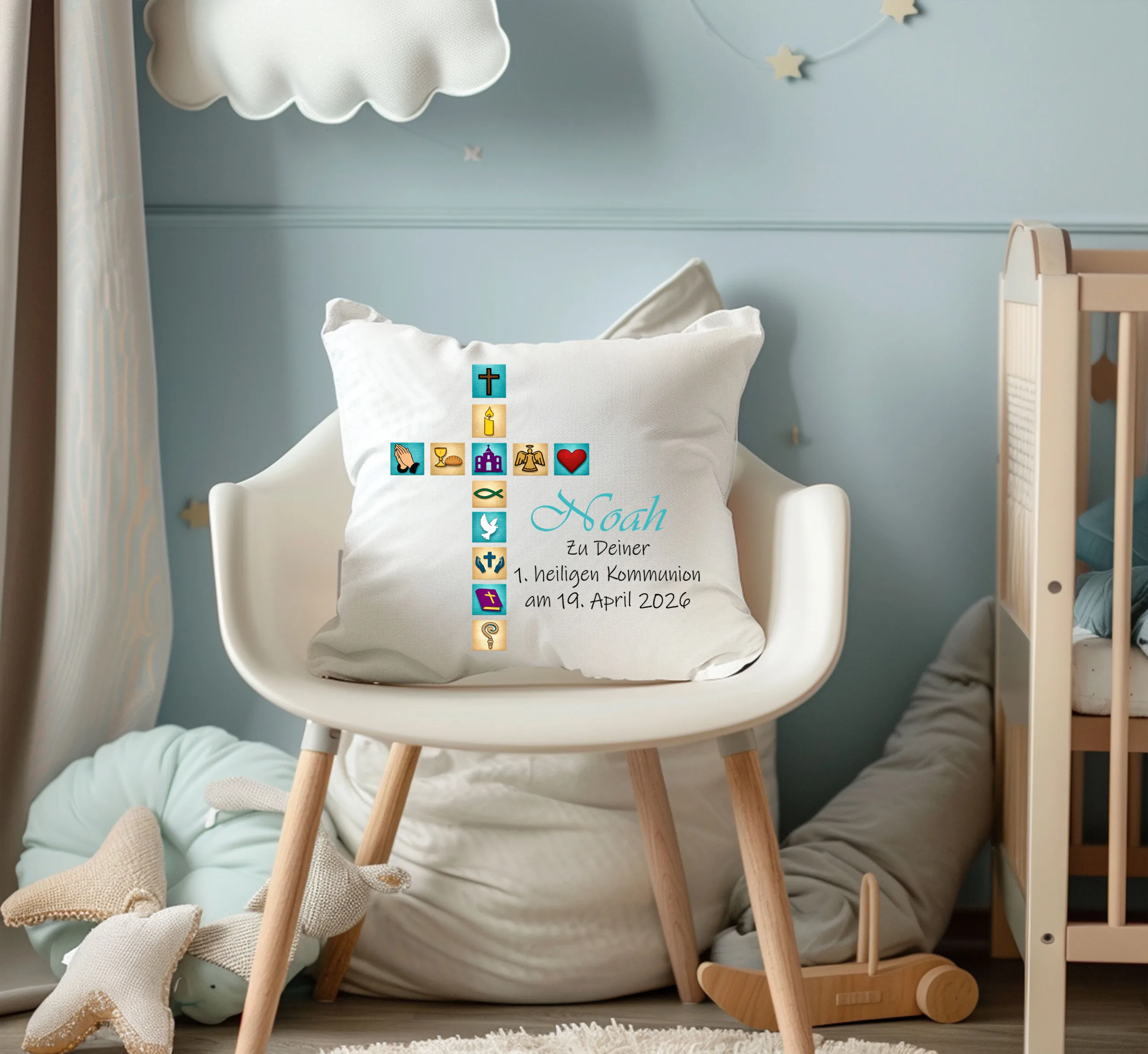 Personalisiertes Kommunion Kissen Kirchen Symbole Türkis mit Namen und Datum – Bild 4