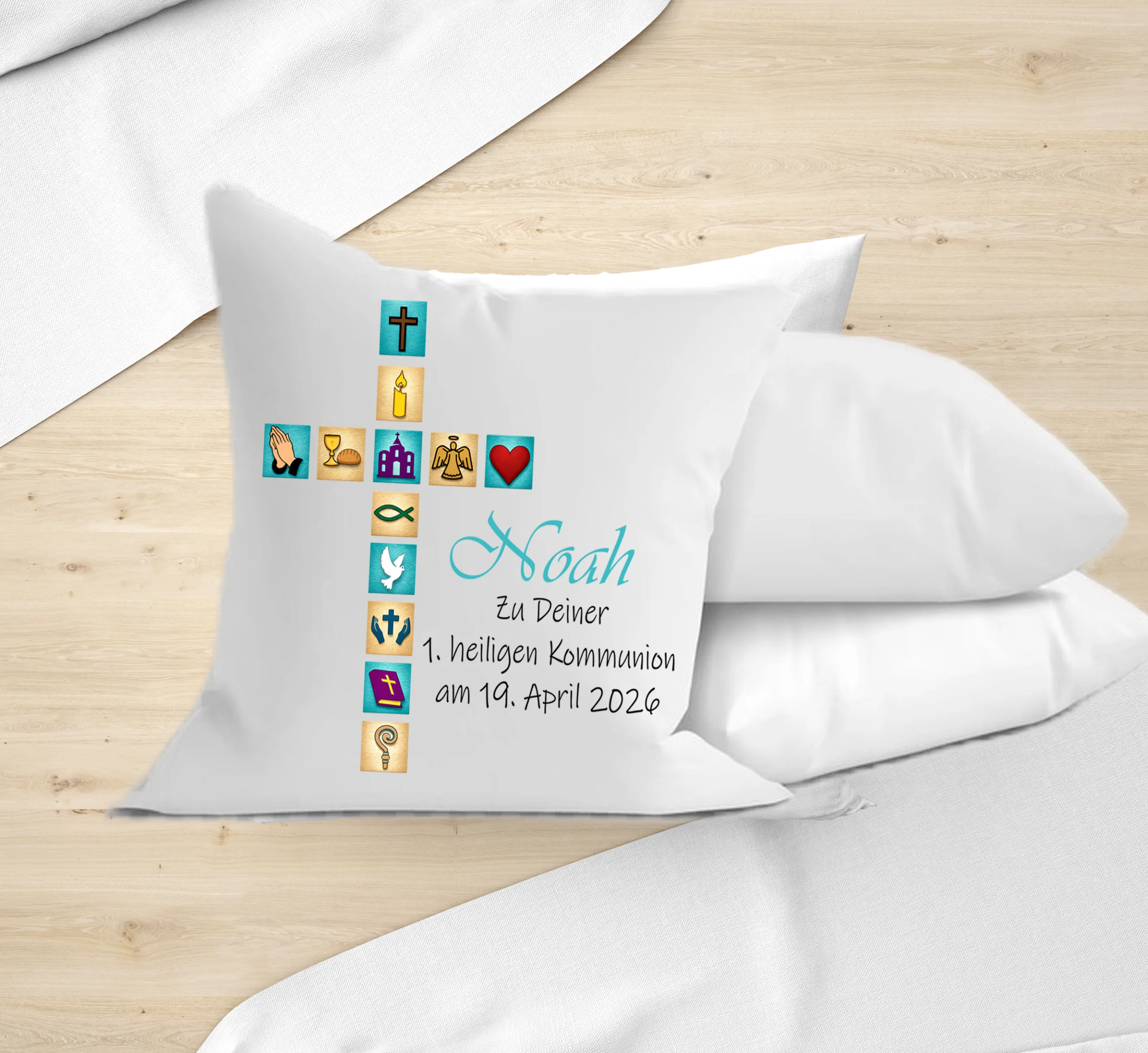 Personalisiertes Kommunion Kissen Kirchen Symbole Türkis mit Namen und Datum – Bild 5