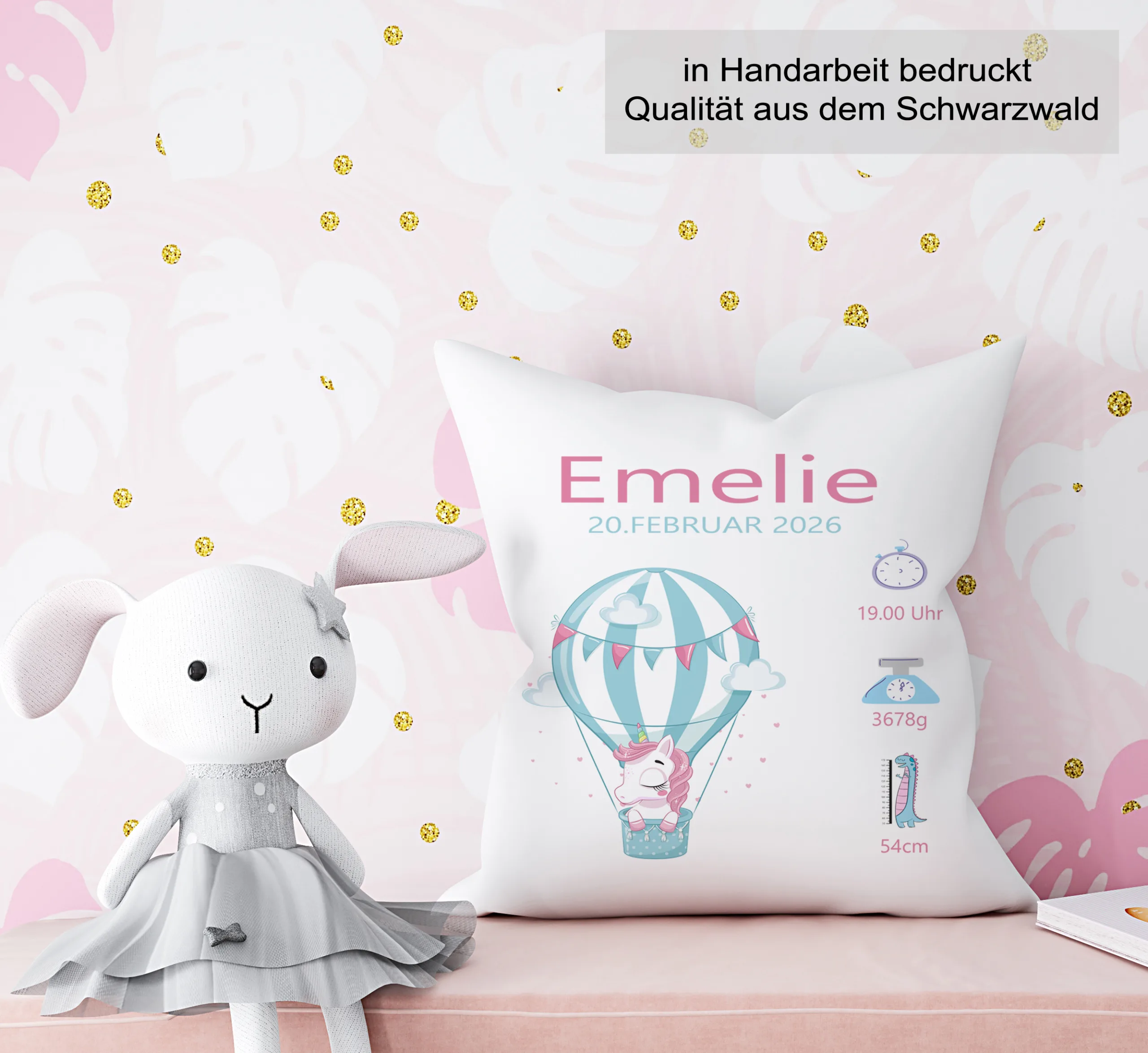 Personalisiertes Kissen zur Geburt Einhorn im Ballon – Bild 6