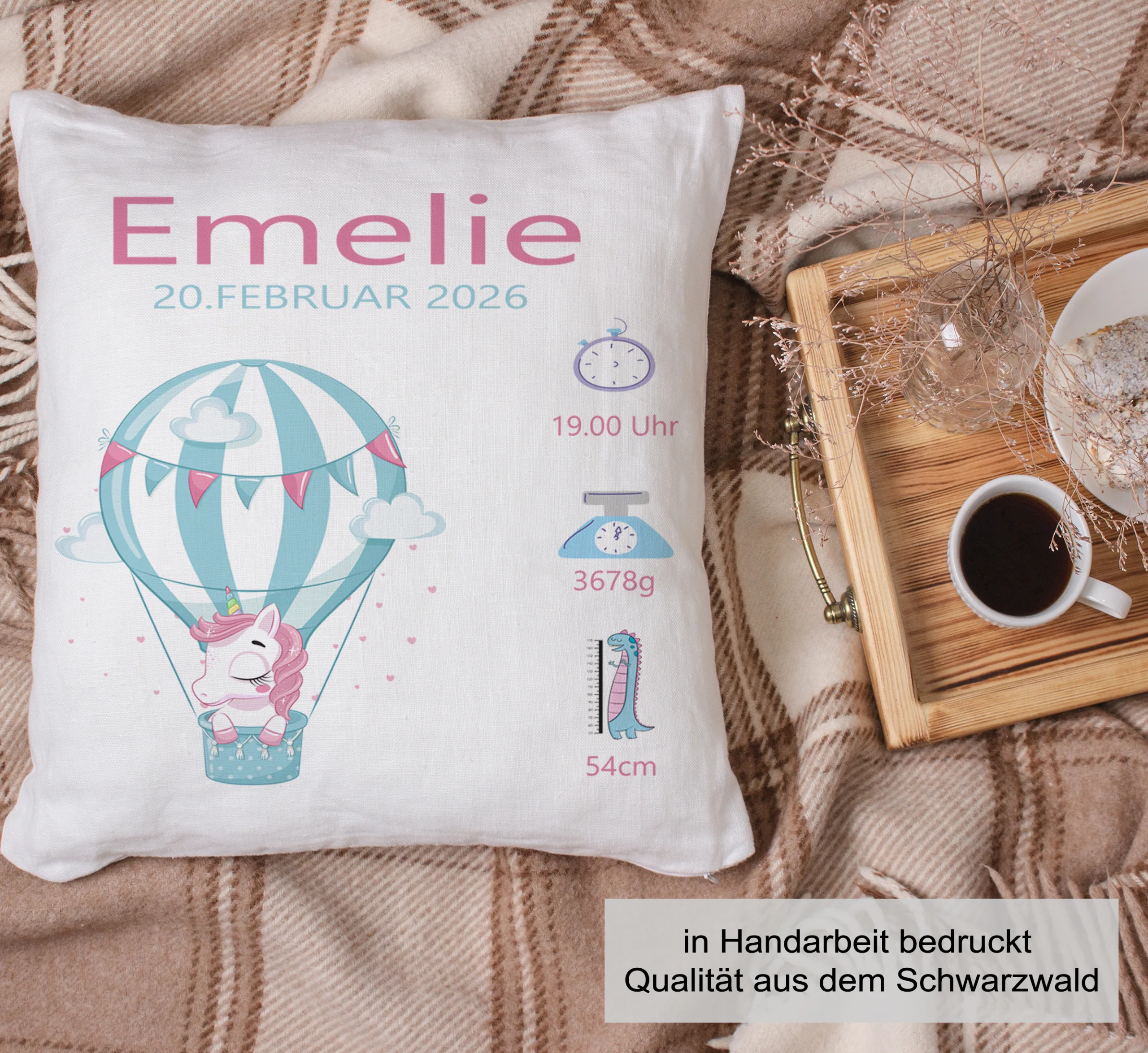 Personalisiertes Kissen zur Geburt Einhorn im Ballon – Bild 7