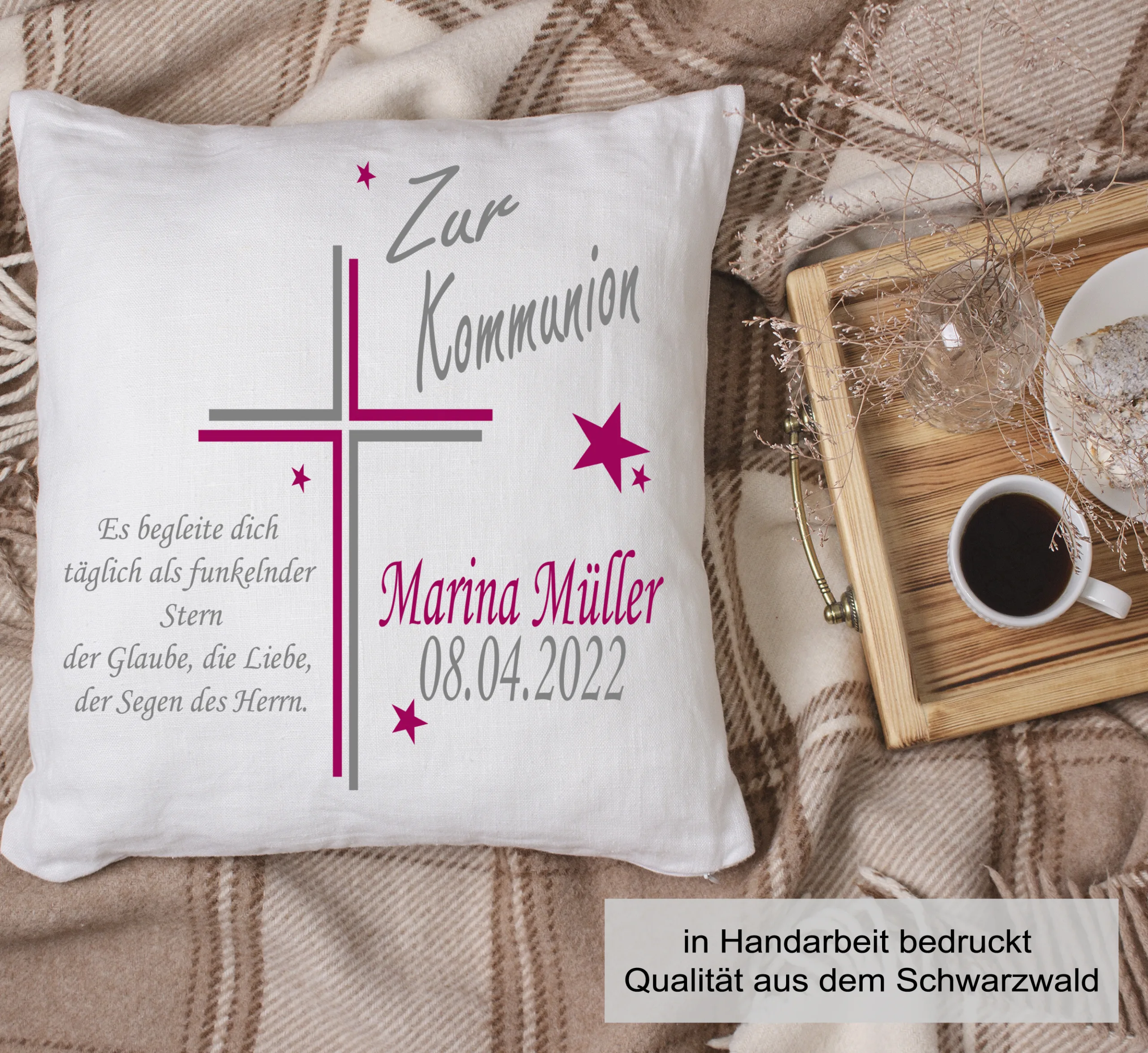 Personalisiertes Kommunion Kissen mit Namen – Kreuz mit Spruch Motiv | Geschenk zur Erstkommunion – Bild 3