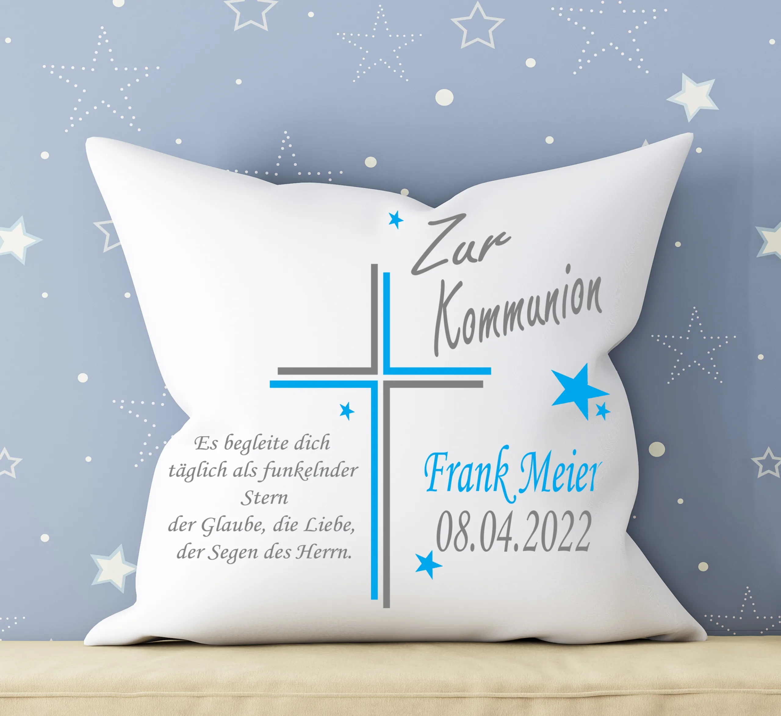 Personalisiertes Kommunion Kissen mit Namen – Kreuz mit Spruch Motiv | Geschenk zur Erstkommunion – Bild 4
