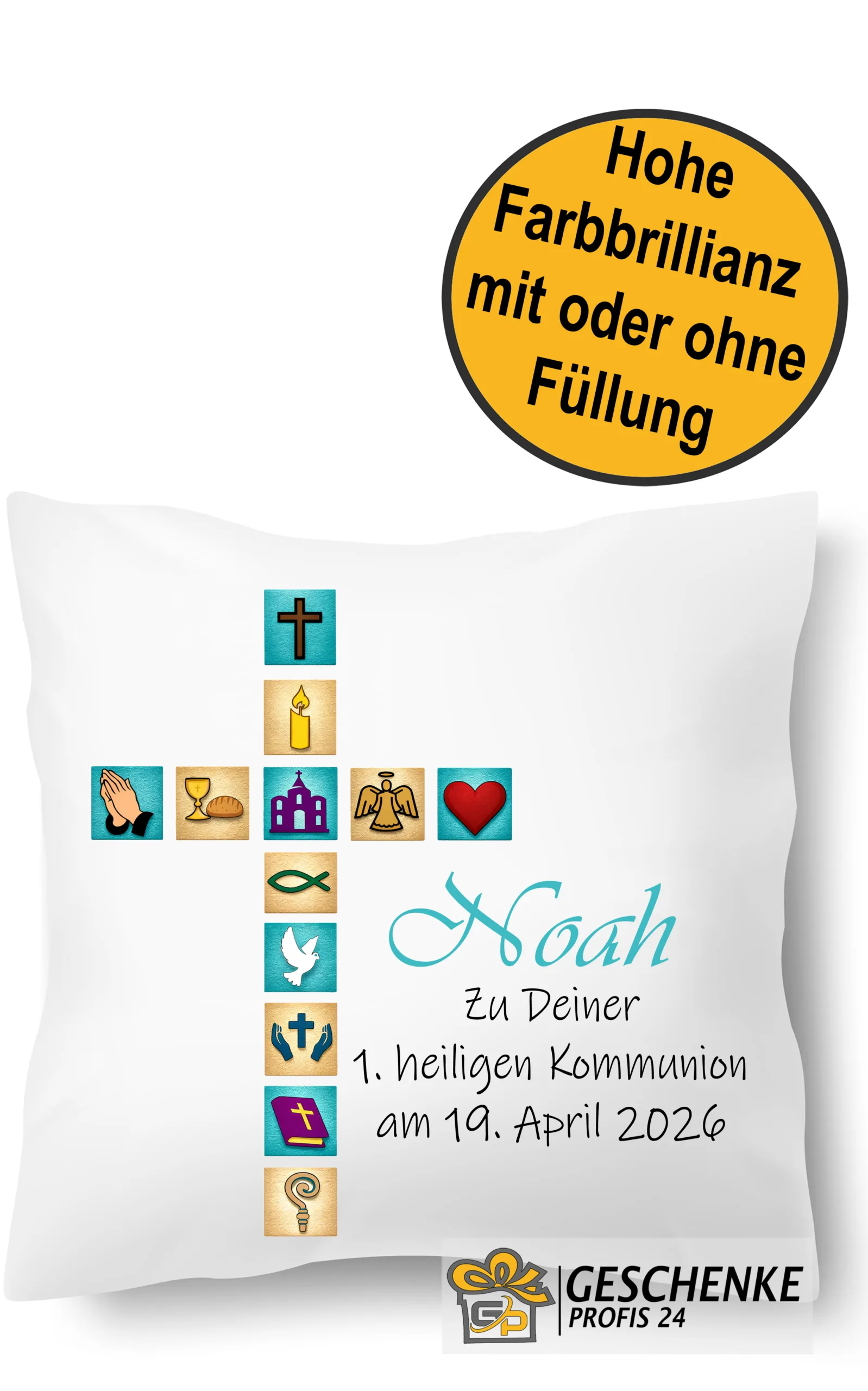 Personalisiertes Kommunion Kissen Kirchen Symbole Türkis mit Namen und Datum