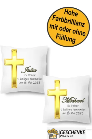 Personalisiertes Kommunion Kissen mit Namen – Kreuz Gold Motiv | Geschenk zur Erstkommunion