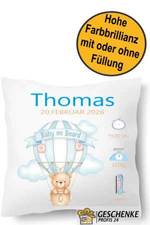 Personalisiertes Kissen zur Geburt Teddybär im Ballon