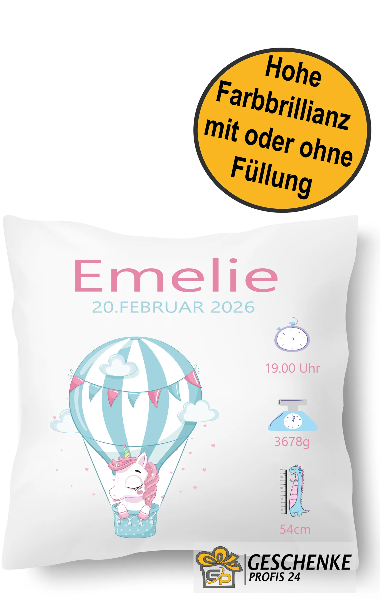 Personalisiertes Kissen zur Geburt Einhorn im Ballon