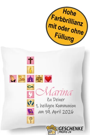 Personalisiertes Kommunion Kissen Kirchen Symbole Rosa mit Namen und Datum