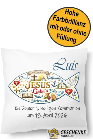 Personalisiertes Kommunion Kissen Kirchen Symbole Christlicher Fisch mit Namen und Datum