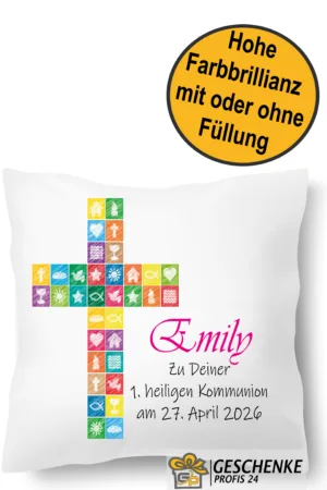 Personalisiertes Kommunion Kissen mit Namen –Doppel Kreuz Motiv | Geschenk zur Erstkommunion
