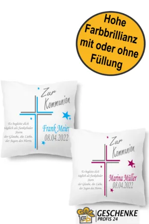 Personalisiertes Kommunion Kissen mit Namen – Kreuz mit Spruch Motiv | Geschenk zur Erstkommunion