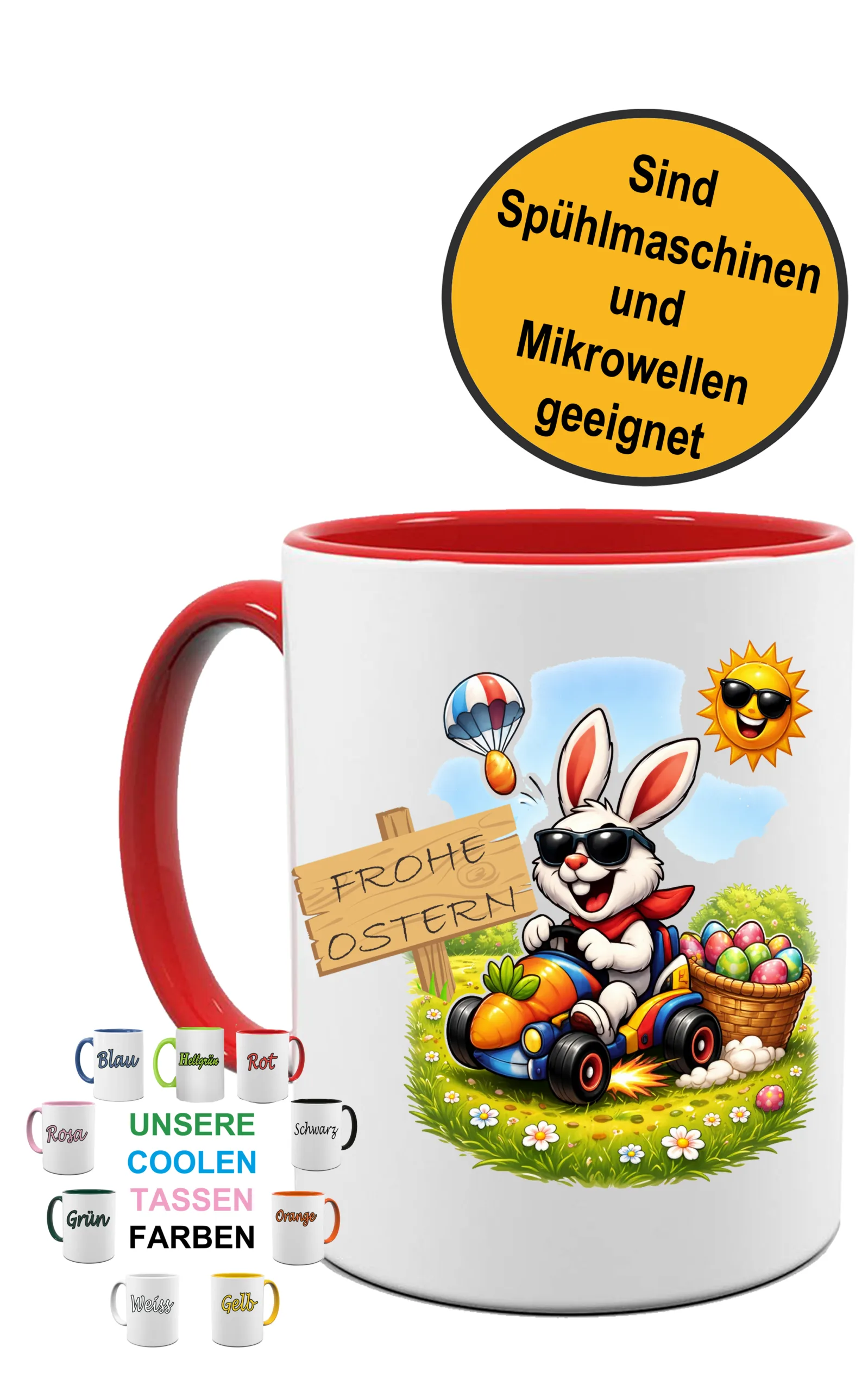Frohe Ostern Tasse mit Rennauto – Personalisierte Kaffeetasse