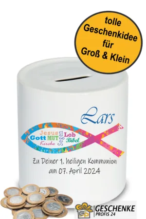 Spardose personalisiert Zur Kommunion Fisch mit Namen, Geschenk Idee, Sparschwein