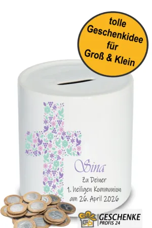 Spardose personalisiert Zur Kommunion Taube Kreuz  mit Namen, Geschenk Idee, Sparschwein