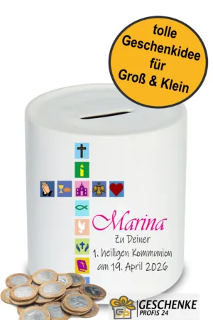 Spardose personalisiert Zur Kommunion Kreuz Symbole mit Namen, Geschenk Idee, Sparschwein