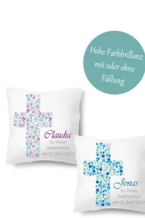 Personalisiertes Konfirmation Kissen mit Namen, Tauben Kreuz | liebevolles Geschenk zur Konfi