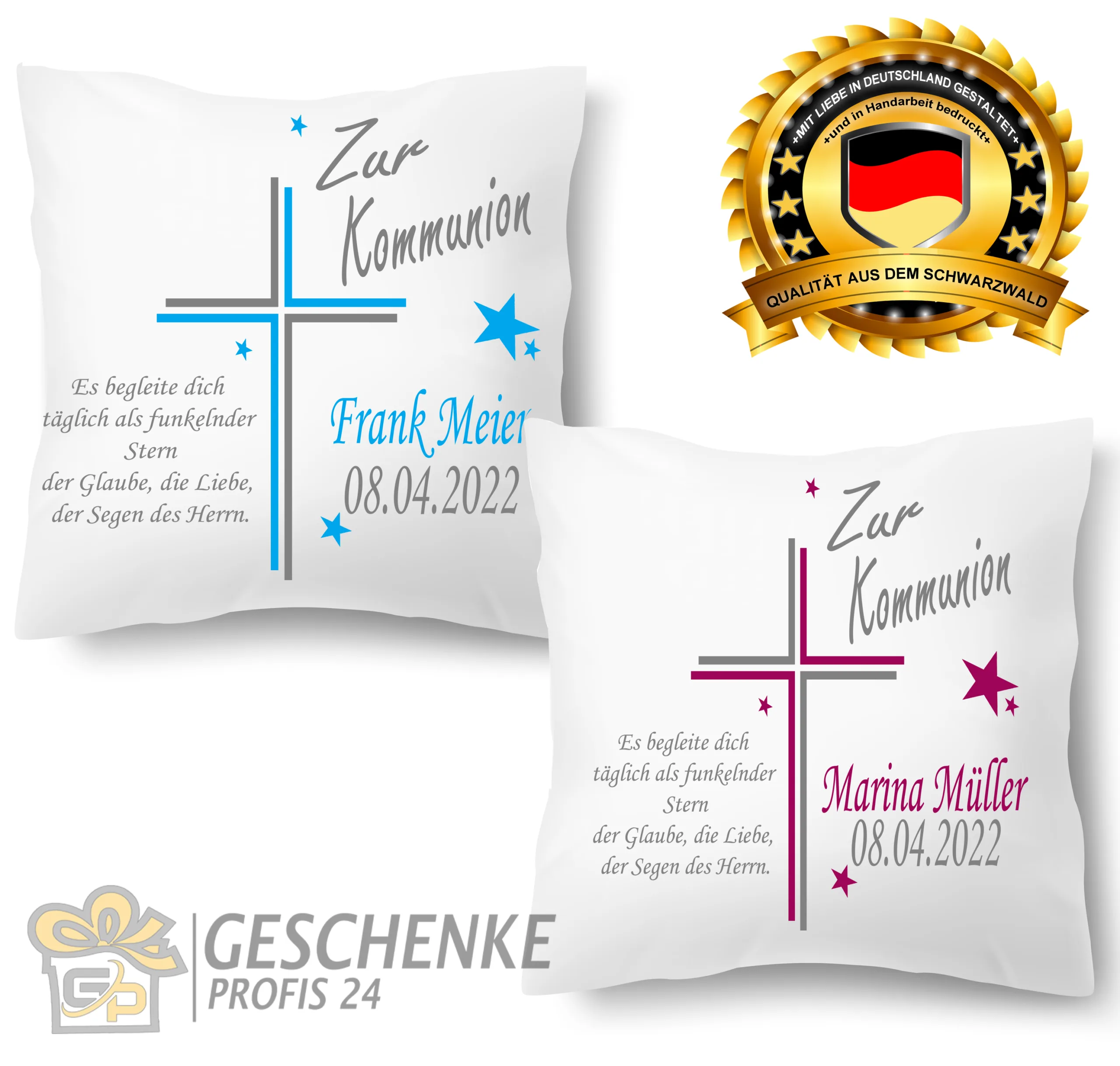 Personalisiertes Kommunion Kissen mit Namen – Kreuz mit Spruch Motiv | Geschenk zur Erstkommunion – Bild 2