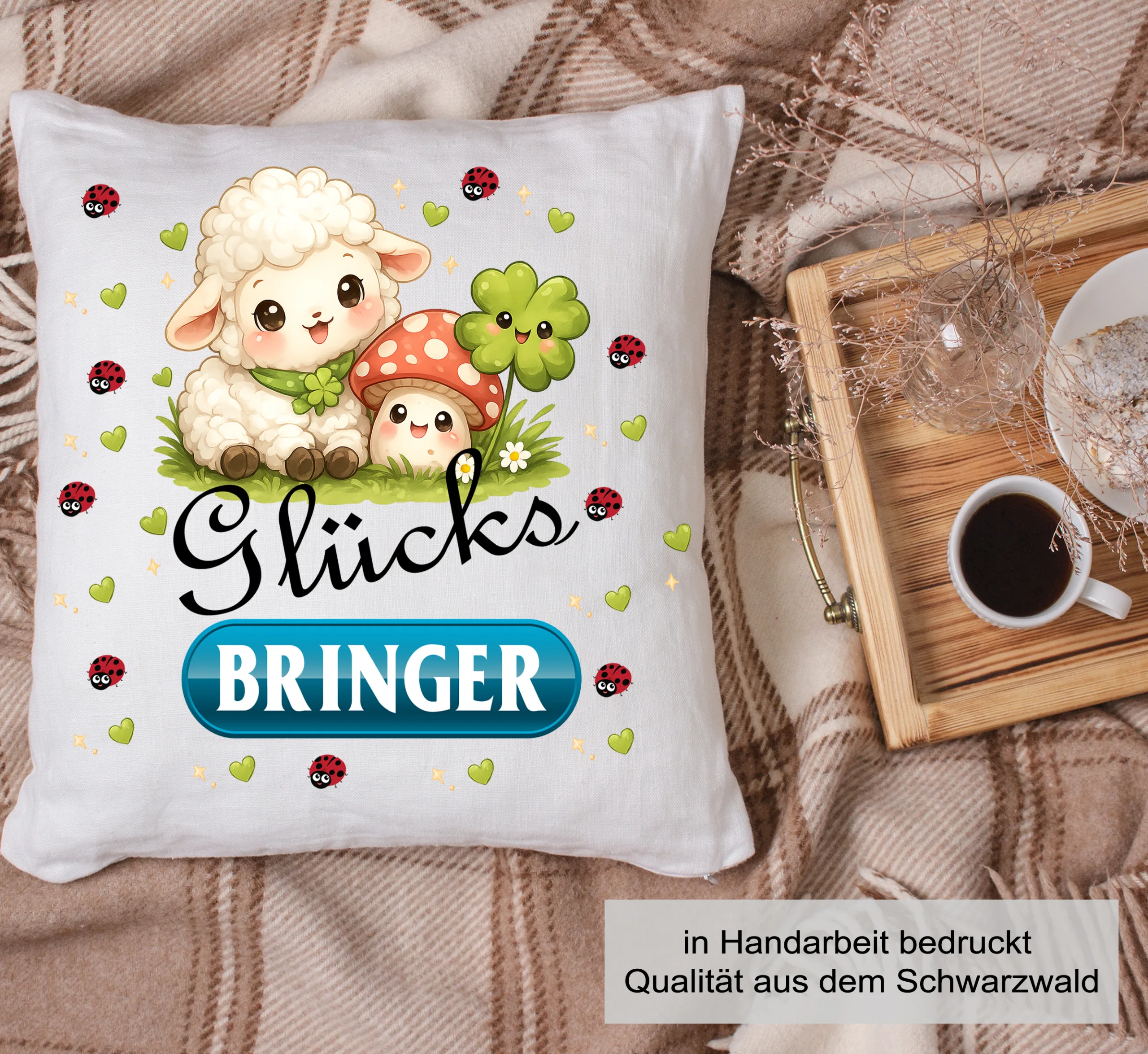 Glücksbringer Kissen mit Schaf, Pilz und Kleeblatt | Süßes Dekokissen, Geschenkidee – Bild 2
