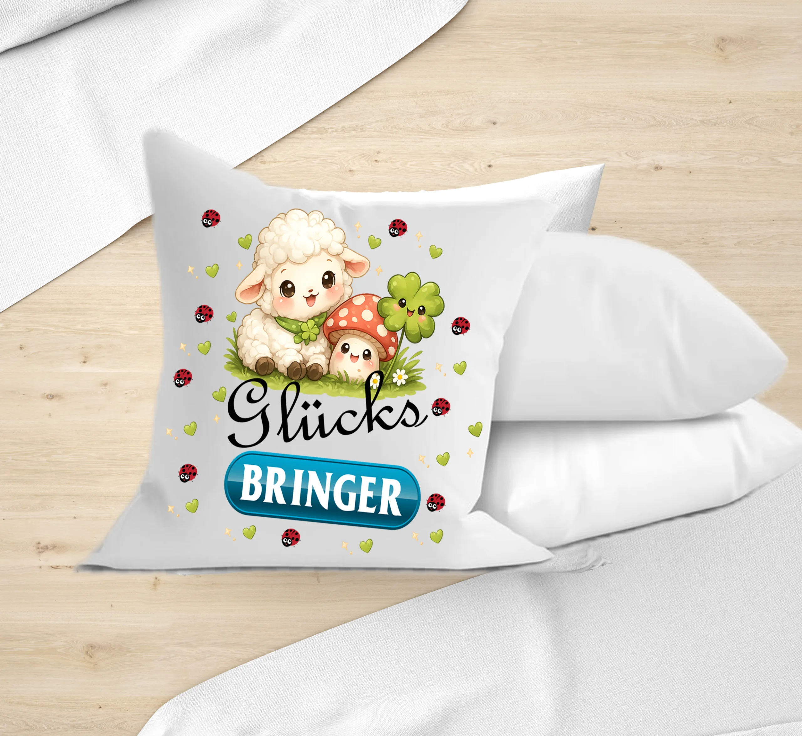 Glücksbringer Kissen mit Schaf, Pilz und Kleeblatt | Süßes Dekokissen, Geschenkidee – Bild 4