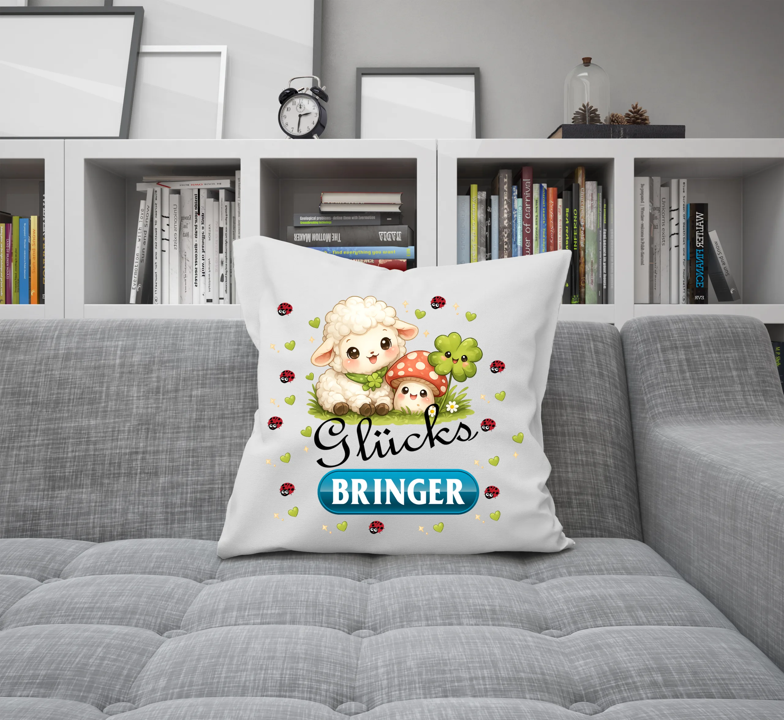 Glücksbringer Kissen mit Schaf, Pilz und Kleeblatt | Süßes Dekokissen, Geschenkidee – Bild 5