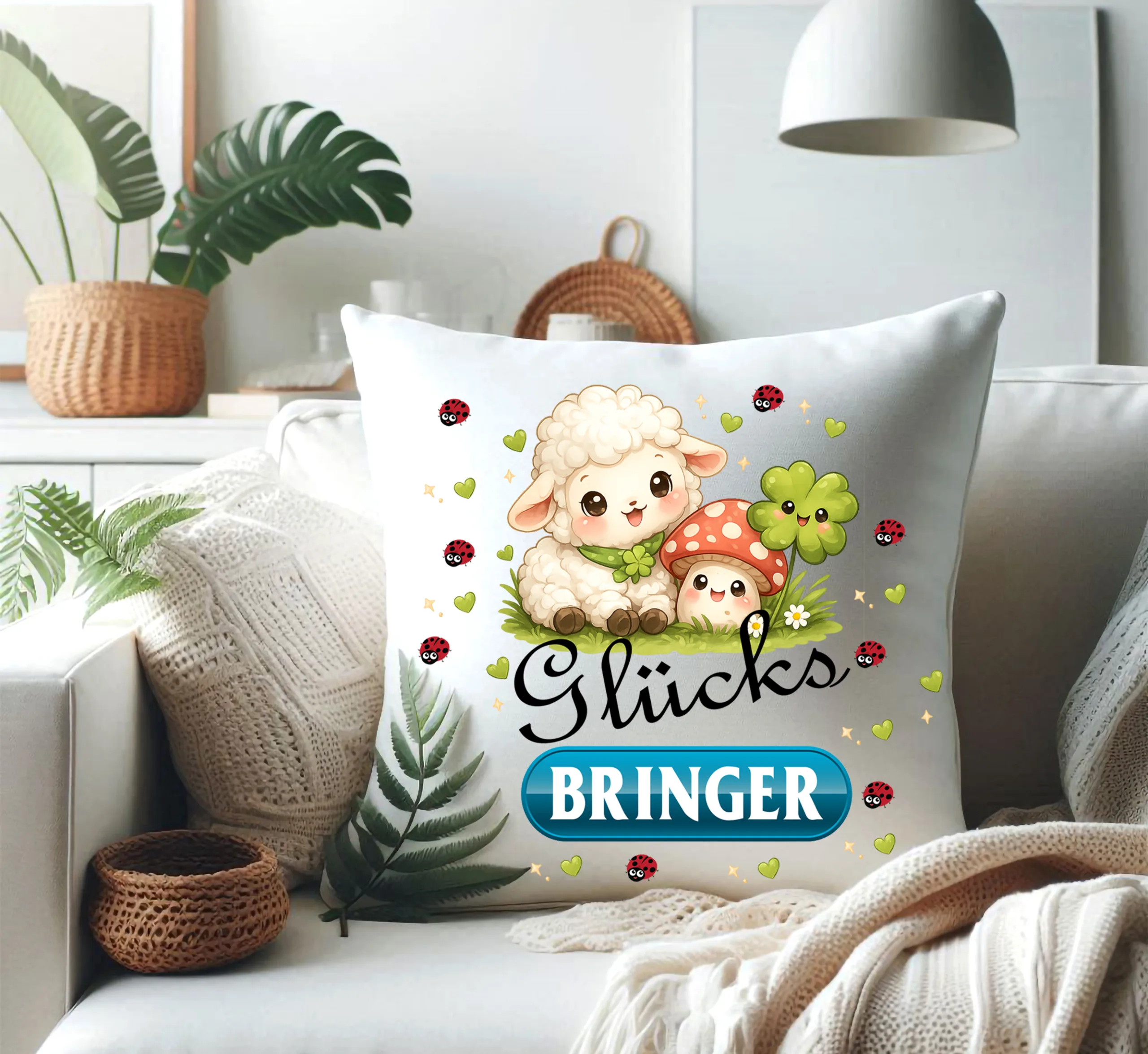 Glücksbringer Kissen mit Schaf, Pilz und Kleeblatt | Süßes Dekokissen, Geschenkidee – Bild 6