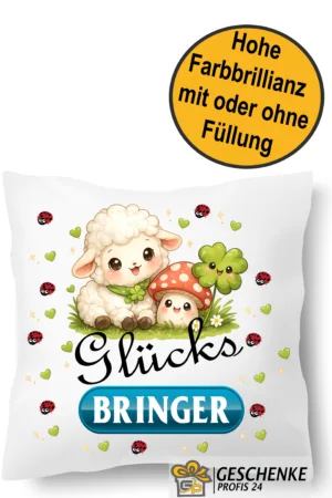 Glücksbringer Kissen mit Schaf, Pilz und Kleeblatt | Süßes Dekokissen, Geschenkidee