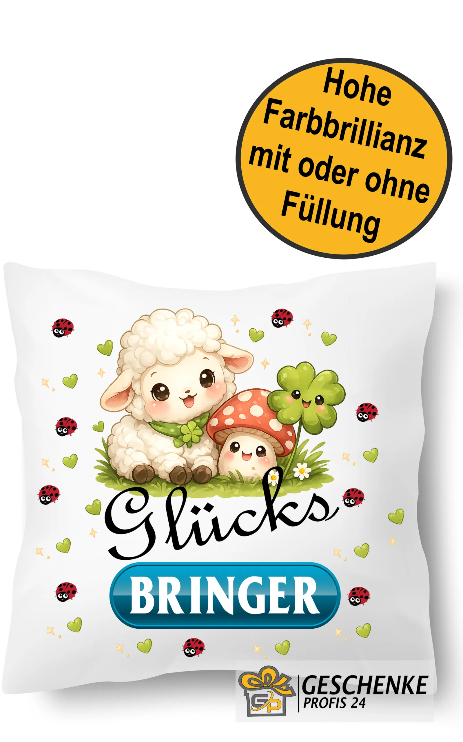 Glücksbringer Kissen mit Schaf, Pilz und Kleeblatt | Süßes Dekokissen, Geschenkidee