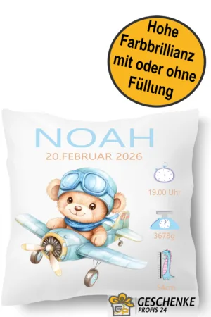 Personalisiertes Geburts Kissen mit Namen – Teddy im Flugzeug Motiv | Geschenk zur Geburt