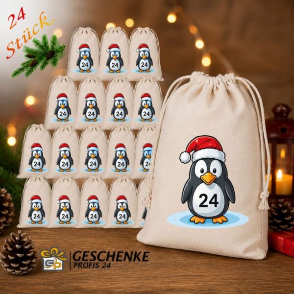 24 Adventskalender Saeckchen Mit Niedlichem Pinguin Motiv In Weihnachtlicher Dekoration – Nachhaltiger Stoff Adventskalender Zum Befuellen Fuer Kinder Und Erwachsene