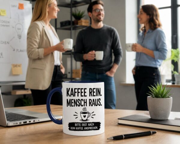 3 Leute Im Buero Bei Einer Kleinen Besprechung Mit Tasse Mit Lustigem Spruch 3 Leute Im Buero Bei Einer Kleinen Besprechung Mit Tasse Mit Lustigem Spruch