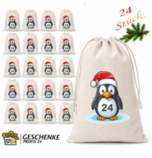 Adventskalender Saeckchen 24 Stueck Mit Suessem Pinguin Motiv Und Weihnachtsmuetze Aus Baumwolle – Wiederverwendbarer DIY Adventskalender Von Geschenkeprofis24