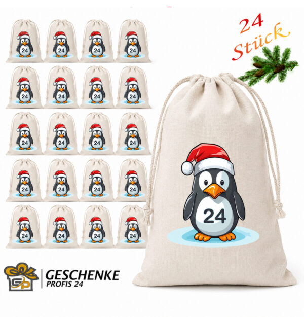 Adventskalender Saeckchen 24 Stueck Mit Suessem Pinguin Motiv Und Weihnachtsmuetze Aus Baumwolle – Wiederverwendbarer DIY Adventskalender Von Geschenkeprofis24