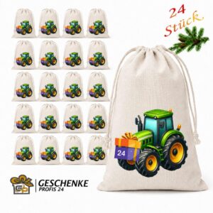 Adventskalender Aus 24 Baumwoll Saeckchen Mit Tracktor Motiv – Wiederverwendbarer Weihnachtskalender Zum Selbstbefuellen. Advent