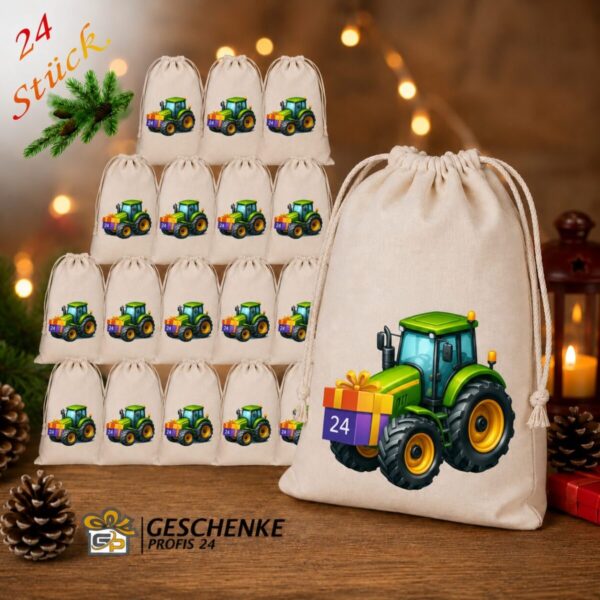 Adventskalender Aus 24 Baumwoll Saeckchen Mit Tracktor Motiv – Wiederverwendbarer Weihnachtskalender Zum Selbstbefuellen. Advent_saeckchen_zweig
