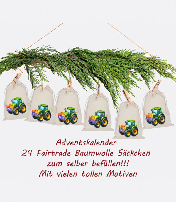 Adventskalender Aus 24 Baumwoll Saeckchen Mit Tracktor Motiv – Wiederverwendbarer Weihnachtskalender Zum Selbstbefuellen. Advent_saeckchen_zweig