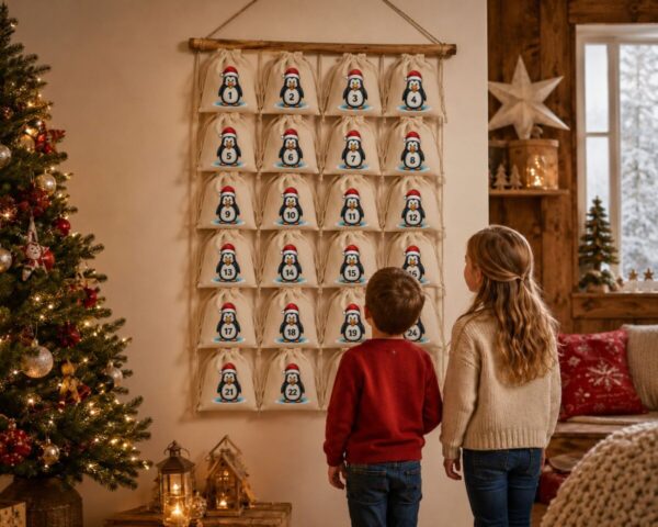 Adventskalender Aus 24 Stoffbeuteln Mit Pinguin Motiv An Einer Wand Aufgehaengt – Liebevolle Weihnachtsdekoration Fuer Kinderzimmer Und Wohnzimmer