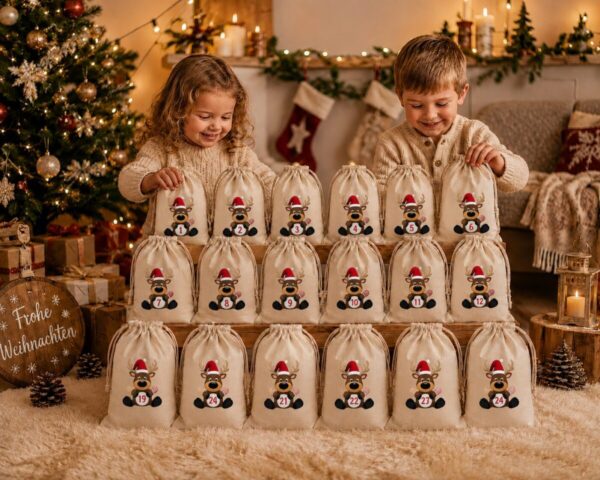 Adventskalender Mit Rentier Motiv Und 24 Baumwoll Saeckchen Zum Selbstbefuellen – Wiederverwendbarer Weihnachtskalender Aus Fairtrade Baumwolle.