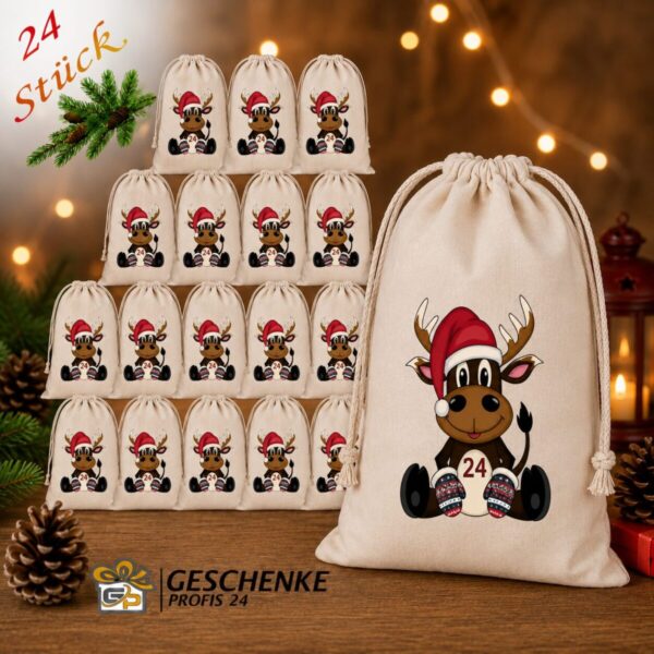 Adventskalender Mit Rentier Motiv Und 24 Baumwoll Saeckchen Zum Selbstbefuellen – Wiederverwendbarer Weihnachtskalender Aus Fairtrade Baumwolle.