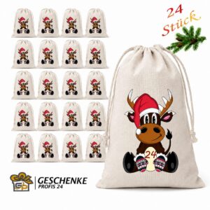 Adventskalender Mit Rentier Motiv Und 24 Baumwoll Saeckchen Zum Selbstbefuellen – Wiederverwendbarer Weihnachtskalender Aus Fairtrade Baumwolle.