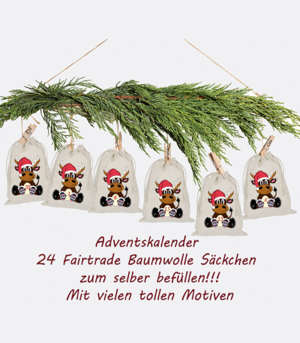 Adventskalender Mit Rentier Motiv Und 24 Baumwoll Saeckchen Zum Selbstbefuellen – Wiederverwendbarer Weihnachtskalender Aus Fairtrade Baumwolle.