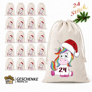 Adventskalender Mit Einhorn Motiv Und 24 Baumwoll Saeckchen Zum Selbstbefuellen – Wiederverwendbarer Weihnachtskalender Aus Fairtrade Baumwolle.