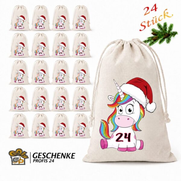 Adventskalender Mit Einhorn Motiv Und 24 Baumwoll Saeckchen Zum Selbstbefuellen – Wiederverwendbarer Weihnachtskalender Aus Fairtrade Baumwolle.