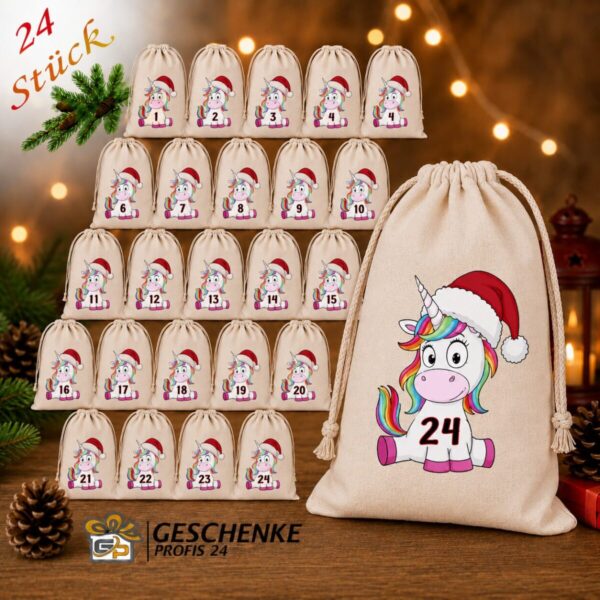 Adventskalender Mit Einhorn Motiv Und 24 Baumwoll Saeckchen Zum Selbstbefuellen – Wiederverwendbarer Weihnachtskalender Aus Fairtrade Baumwolle.1