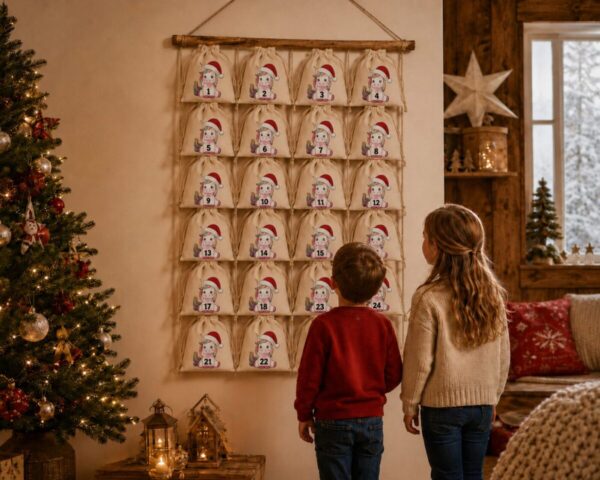 Adventskalender Mit Einhorn Motiv Und 24 Baumwoll Saeckchen Zum Selbstbefuellen – Wiederverwendbarer Weihnachtskalender Aus Fairtrade Baumwolle. an der