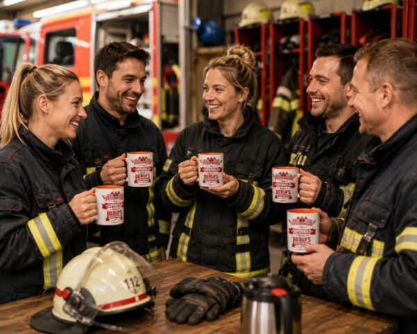 Das Bild Zeigt Eine Entspannte Kaffeepause In Der Feuerwache Bei Der Mehrere Feuerwehrkameraden Und Zwei Frauen Gemeinsam Mit Den Tassen Lachen Und Den Moment Geniessen