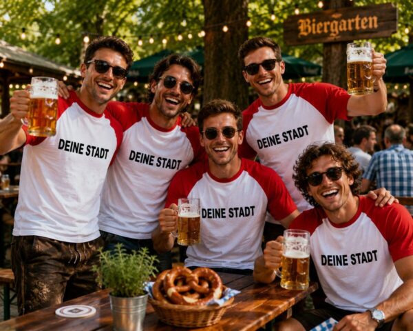 Gruppe Maenner Im Biergarten Mit Personalisierten Deine Stadt T Shirts Fuer Vereinsausflug Und Party