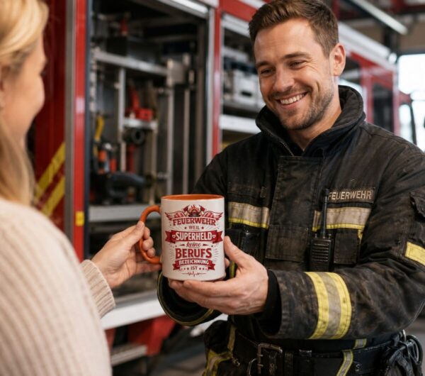 Hier Ist Eine Szene In Der Die Tasse Einem Feuerwehrmann In Einer Feuerwache Mit Einem Freundlichen Laecheln Ueberreicht Wird
