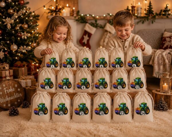 Kinder Freuen Sich Ueber Einen Adventskalender Aus 24 Baumwoll Saeckchen Mit Niedlichem Pinguin Motiv – Wiederverwendbarer Weihnachtskalender