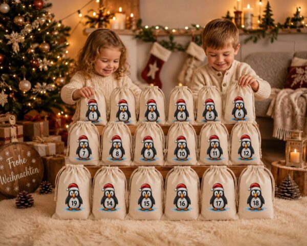 Kinder Freuen Sich Ueber Einen Adventskalender Aus 24 Baumwoll Saeckchen Mit Niedlichem Pinguin Motiv – Wiederverwendbarer Weihnachtskalender Zum Selbstbefuellen