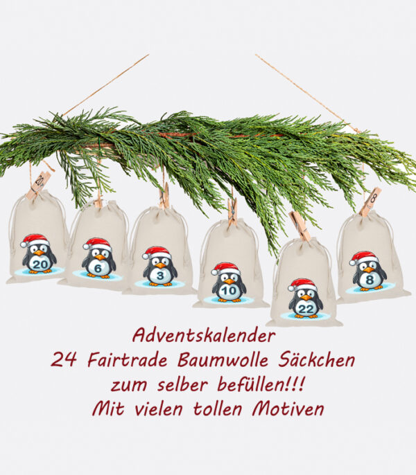 Kinder Freuen Sich Ueber Einen Adventskalender Aus 24 Baumwoll Saeckchen Mit Niedlichem Pinguin Motiv – Wiederverwendbarer Weihnachtskalender Zum Selbstbefuellen. Advent_saeckchen_zweig