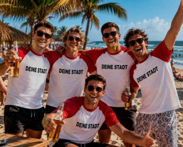 Maenner Am Strand Tragen Personalisierte Deine Stadt T Shirts Mit Wunschname Fuer Mallorca Urlaub